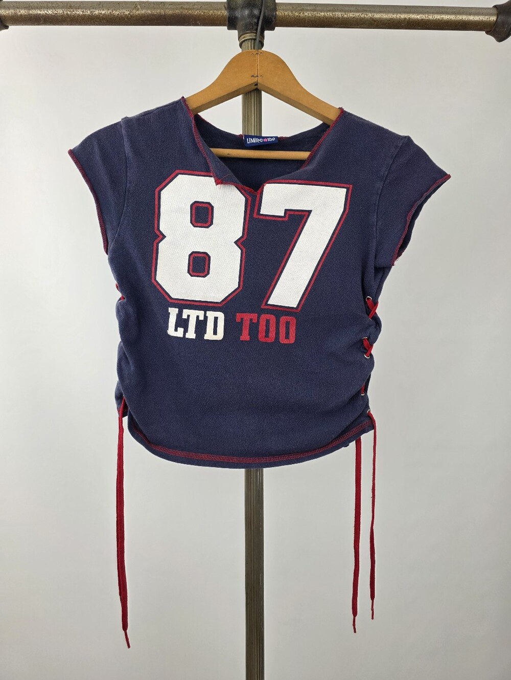 Limited Too Vintage Y2K Girl's Navy Red Lace Up Side Cap Sleeve 87' Number Shirt
